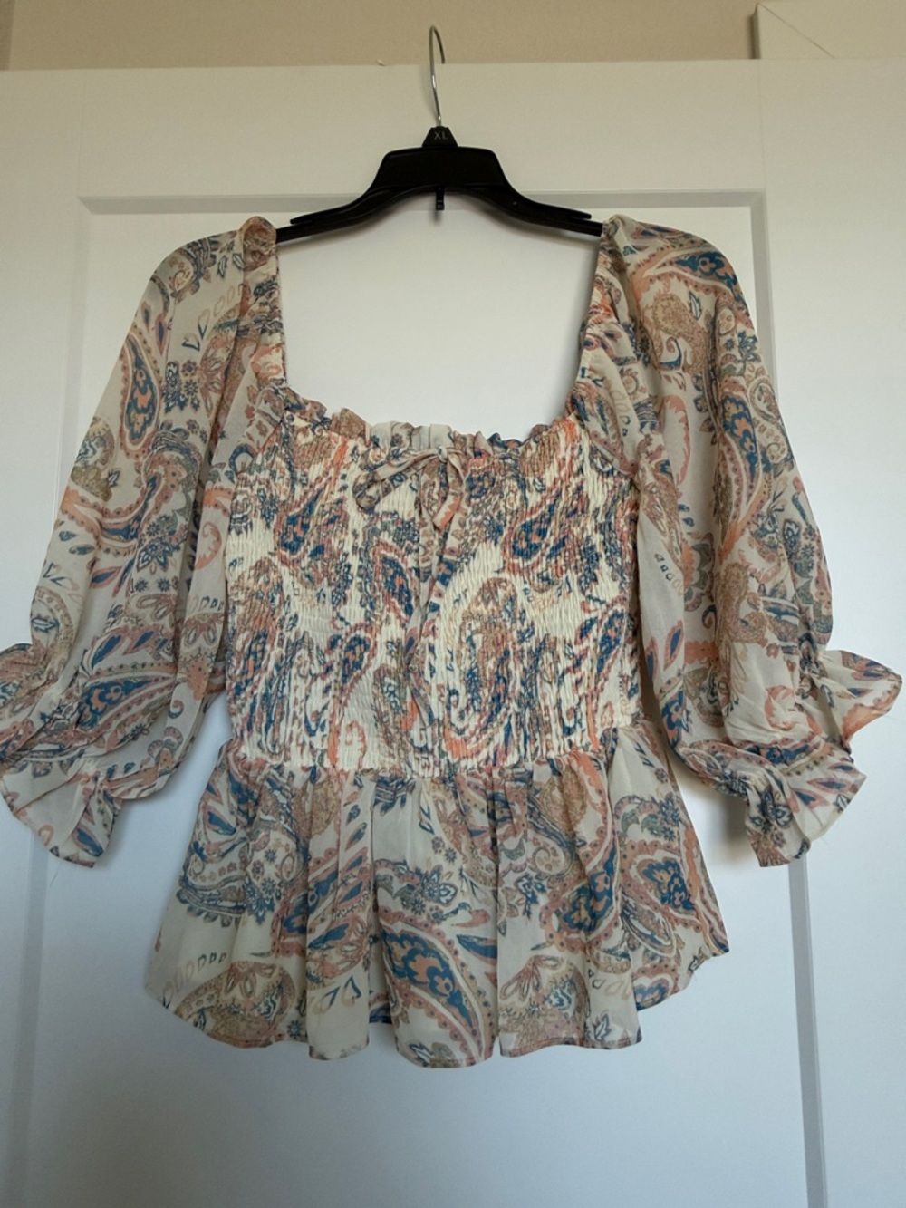 Flying Tomato Cream Paisley Smocked Peasant Blouse with Blue Accents